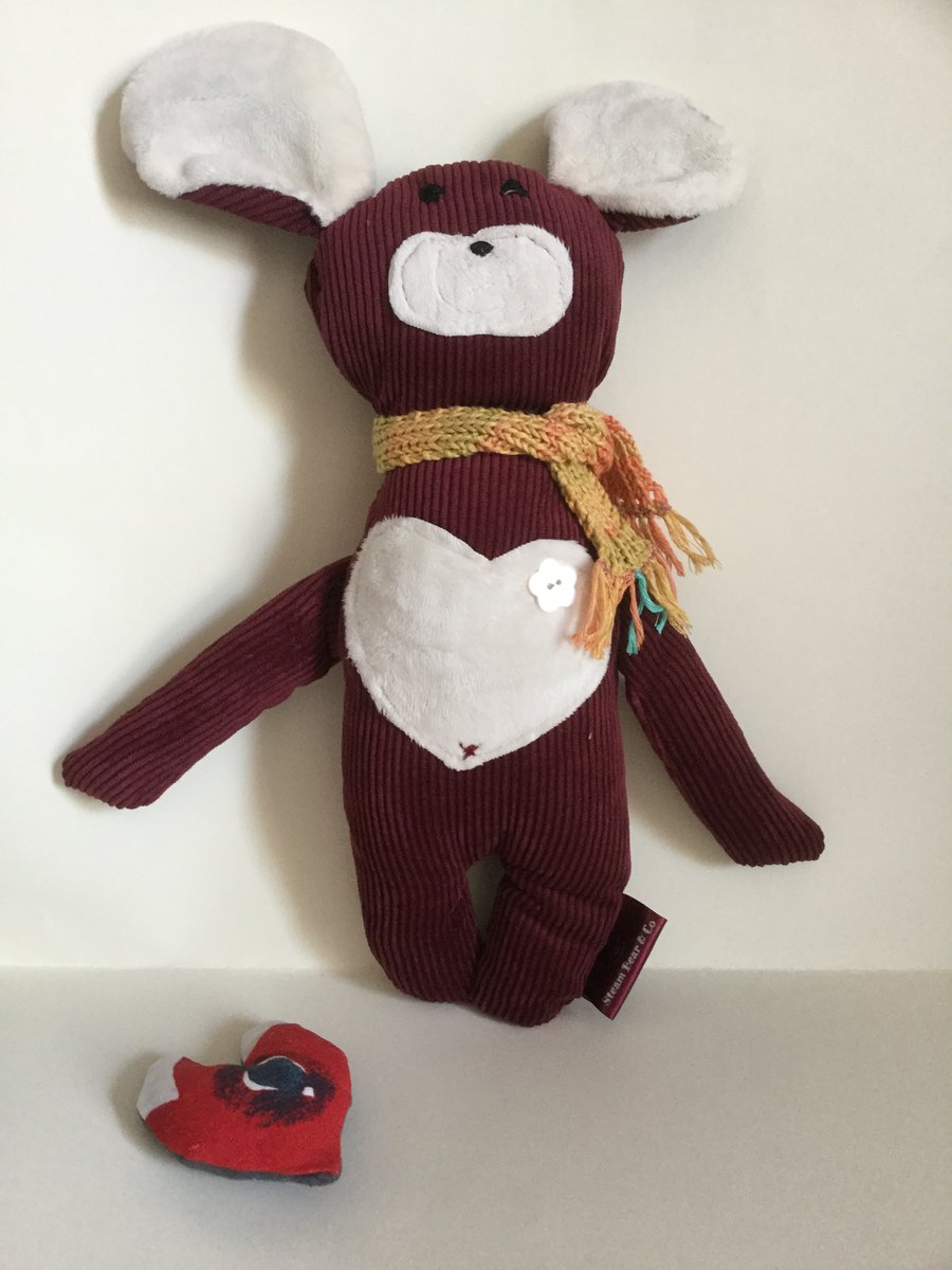 White Eared Bear Handmade Plushie with heart and scarf, Gift, Newborn, Nursery