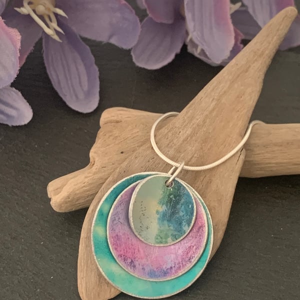 Water colour collection - hand painted aluminium pendant, teal, purple and pink