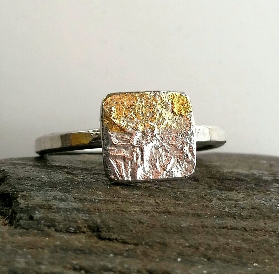 SALE, Sterling silver organic ripple ring with textured gold ascent, Handmade