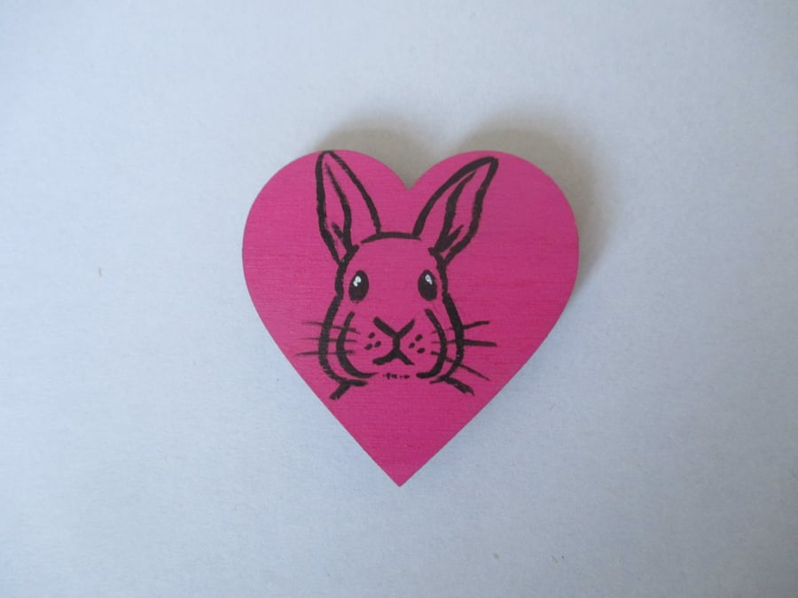 Fridge Magnet Bunny Rabbit Love Heart  Original Painting Wooden Heart Pink