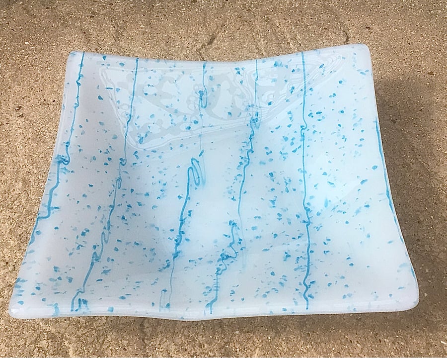 Fused Glass Square Geometric Dish, blue and white squiggle, 19cm