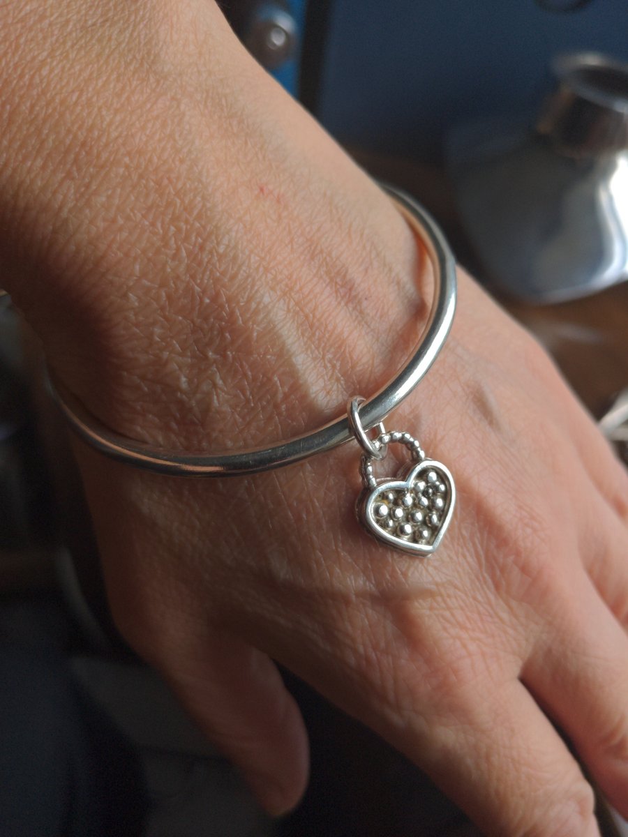 Recycled Sterling Silver Stacking Bangle with heart charm, READY MADE