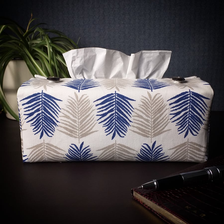 Rectangle Size 'A' Tissue Box Cover - Blue and Natural Fern Leaf
