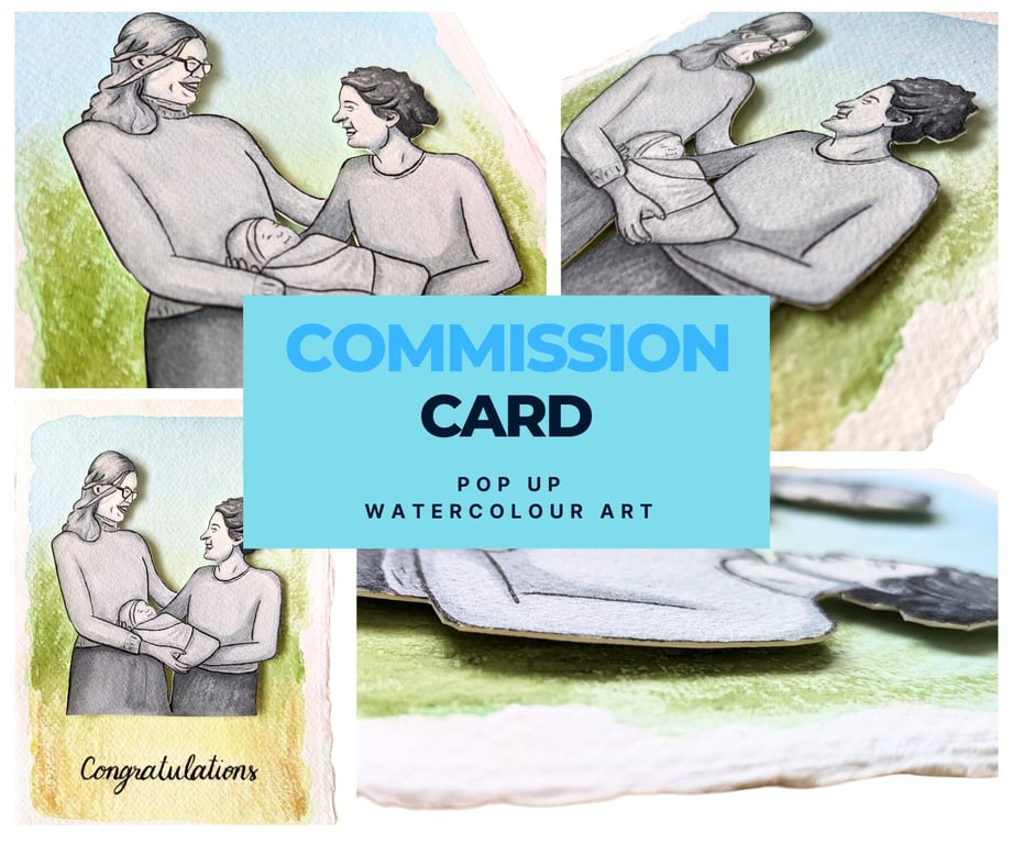 Pop Up Art Card Commission, Watercolour Portrait Painting A5 Greeting Card