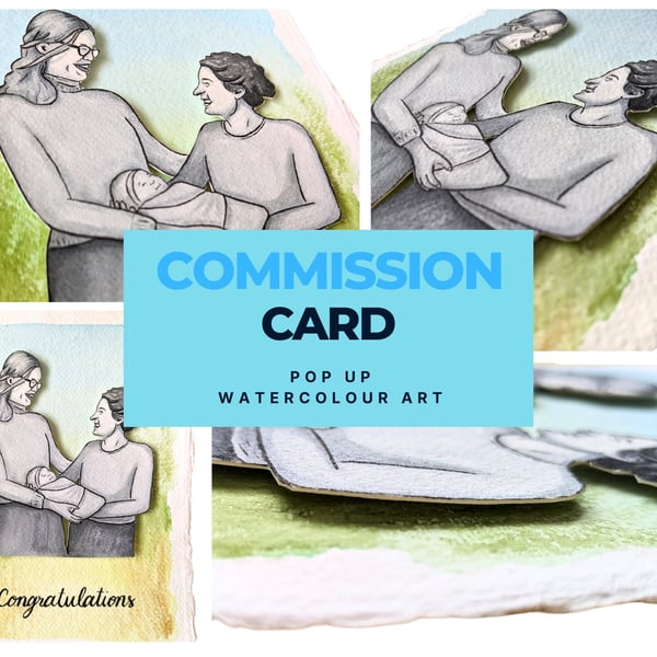 Pop Up Art Card Commission, Watercolour Portrait Painting A5 Greeting Card