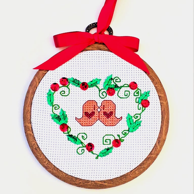 Christmas Birds and Holly Heart Cross Stitch Hoop decoration