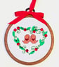 Christmas Birds and Holly Heart Cross Stitch Hoop decoration - Image 1
