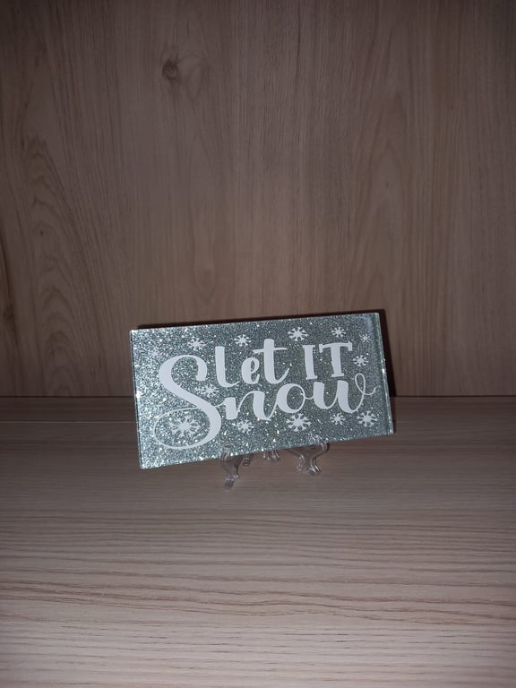 Let It Snow Snowflakes Decorative Glitter Subway Tile on a Stand Christmas Decor