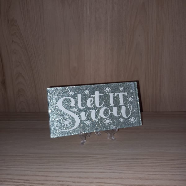 Let It Snow Snowflakes Decorative Glitter Subway Tile on a Stand Christmas Decor