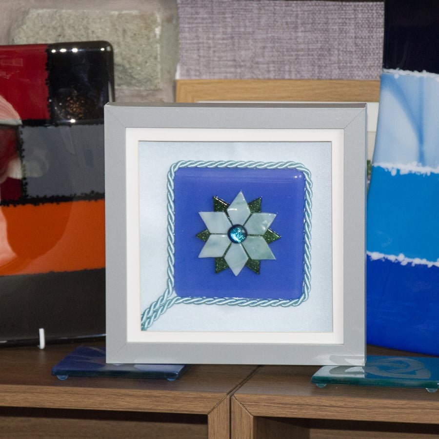 Fused Glass Pointsettia in Green and Blue - 8054