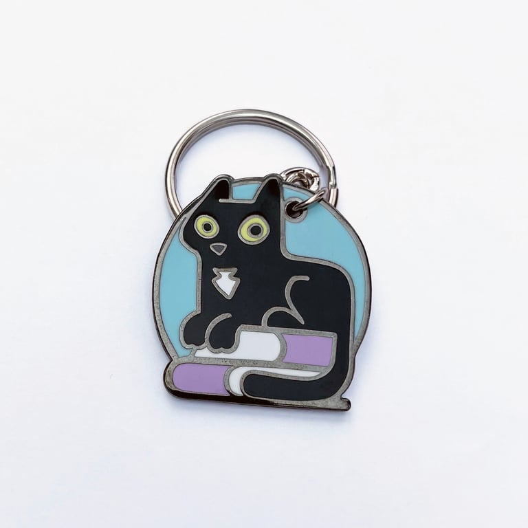 Black cat and books enamel keyring, Pastel blue hard enamel key chain 