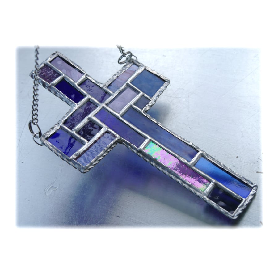  Cross Suncatcher Stained Glass  Patchwork  Purple Handmade 028