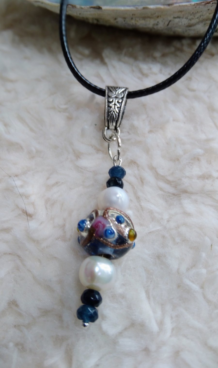 Freshwater pearl, Lampwork glass bead and sapphire gemstone beaded NECKLACE