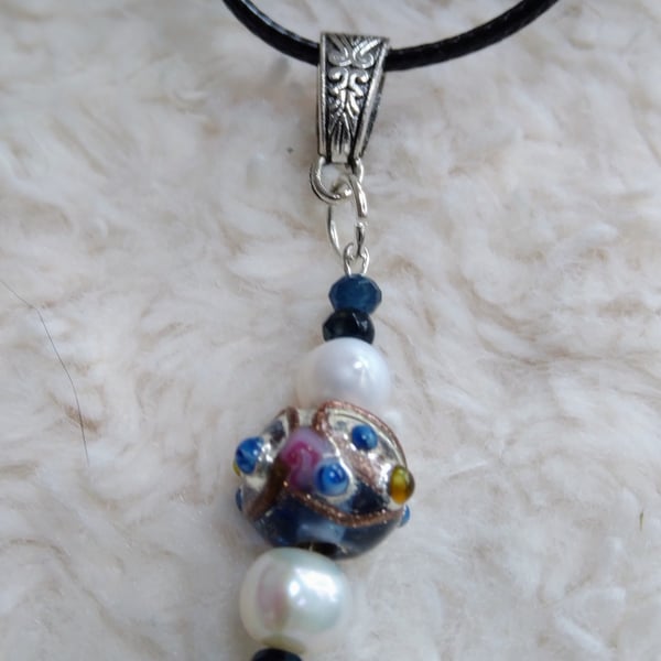 Freshwater pearl, Lampwork glass bead and sapphire gemstone beaded NECKLACE