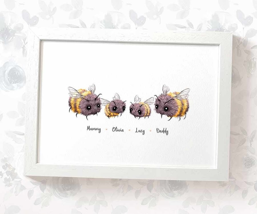 Personalised bee family print with names - mothers day or birthday gift