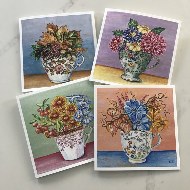 Set of 4 Vintage China Cup Greeting Cards