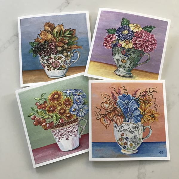 Set of 4 Vintage China Cup Greeting Cards