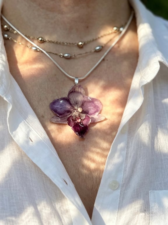 Handmade Real Orchid Pendant Necklace 925 Sterling Silver Botanical Jewellery