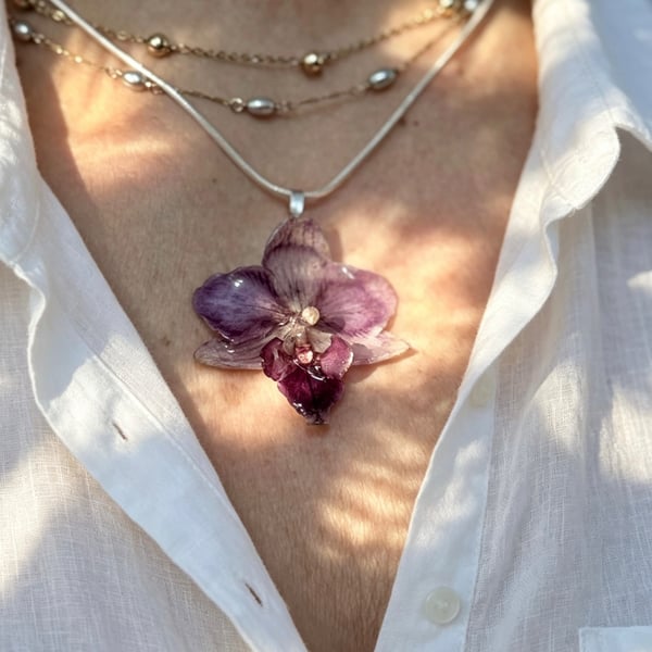 Handmade Real Orchid Pendant Necklace 925 Sterling Silver Botanical Jewellery