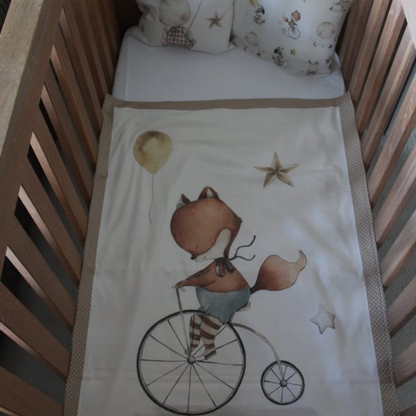 Cot Quilt Set with Fox on Bicycle Motif