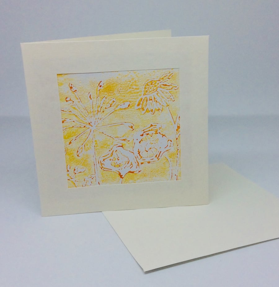 Card, lino print, original art, floral, yellow