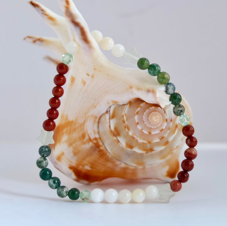 Moss Agate, Red Jasper & Shell Bracelet with Jade Stars and Swarovski Crystals.