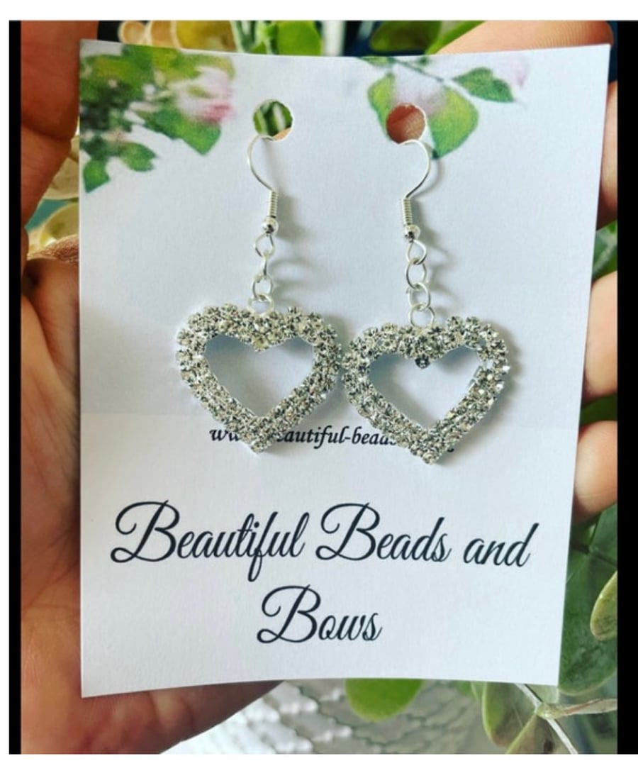 Double layer rhinestone heart outline earrings silvertone gift pendant earrings 