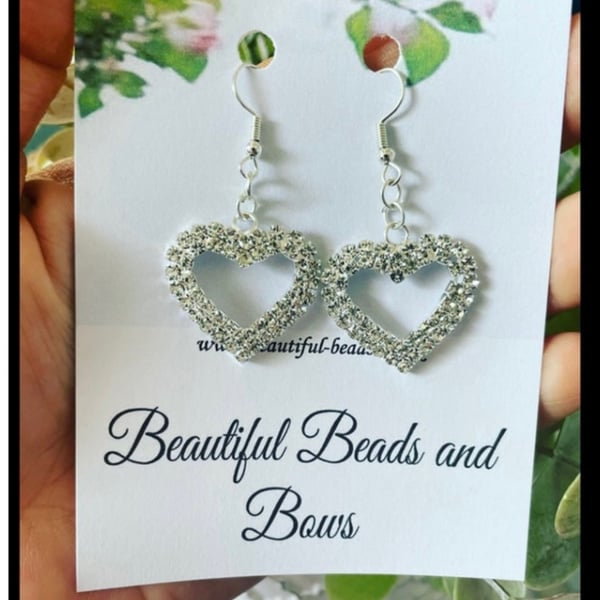 Double layer rhinestone heart outline earrings silvertone gift pendant earrings 