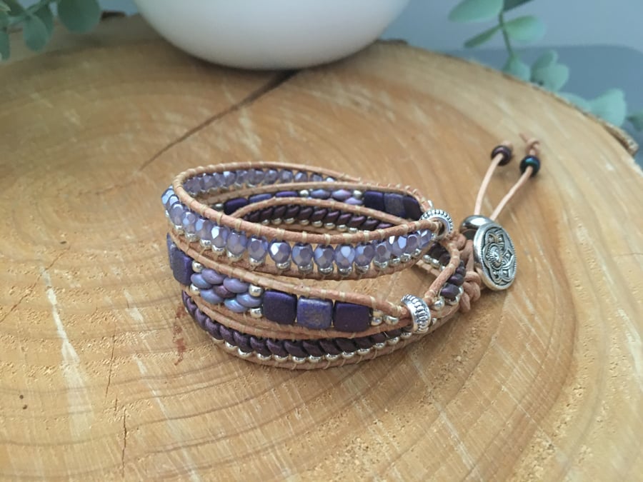 Bracelet, Gorgeous boho leather wrap beaded bracelet, boho chic