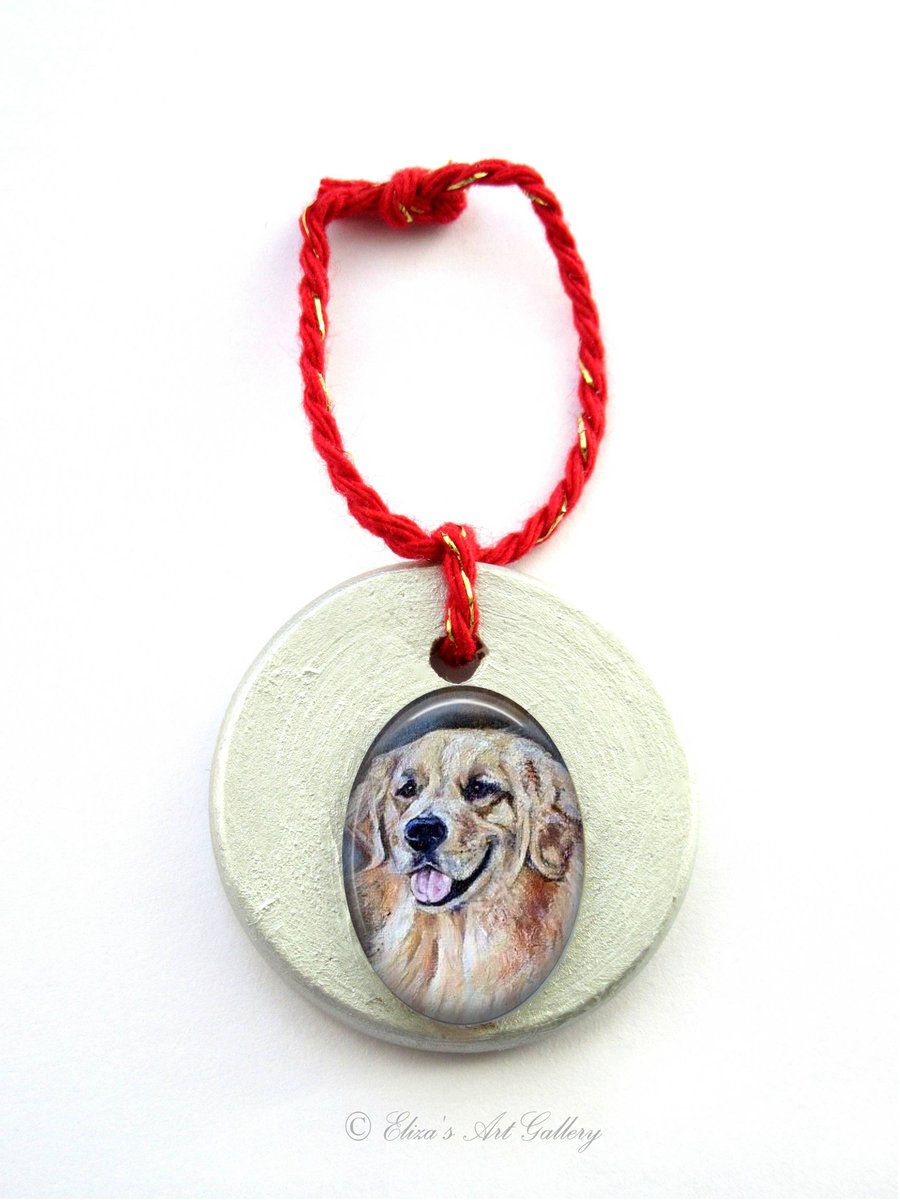 Golden Retriever Dog Art Cabochon Christmas Ornament