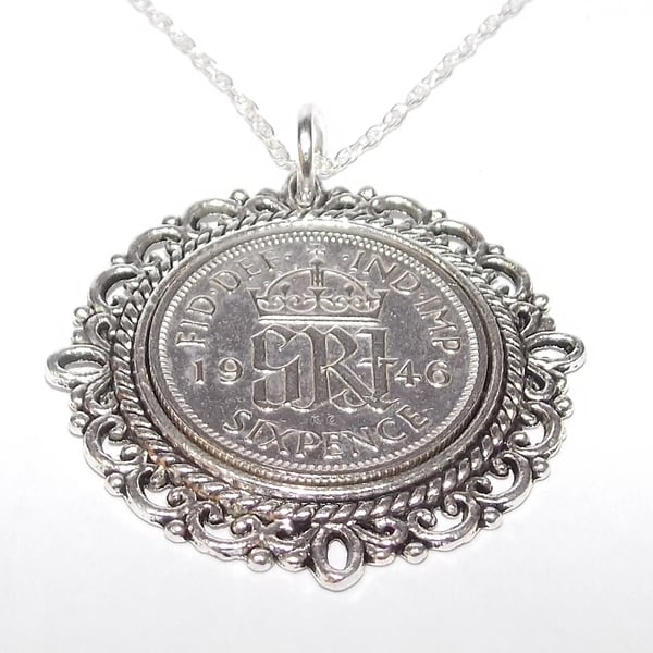 Fancy Pendant 1946 Lucky sixpence 80th Birthday plus a Sterling Silver 20in Ch