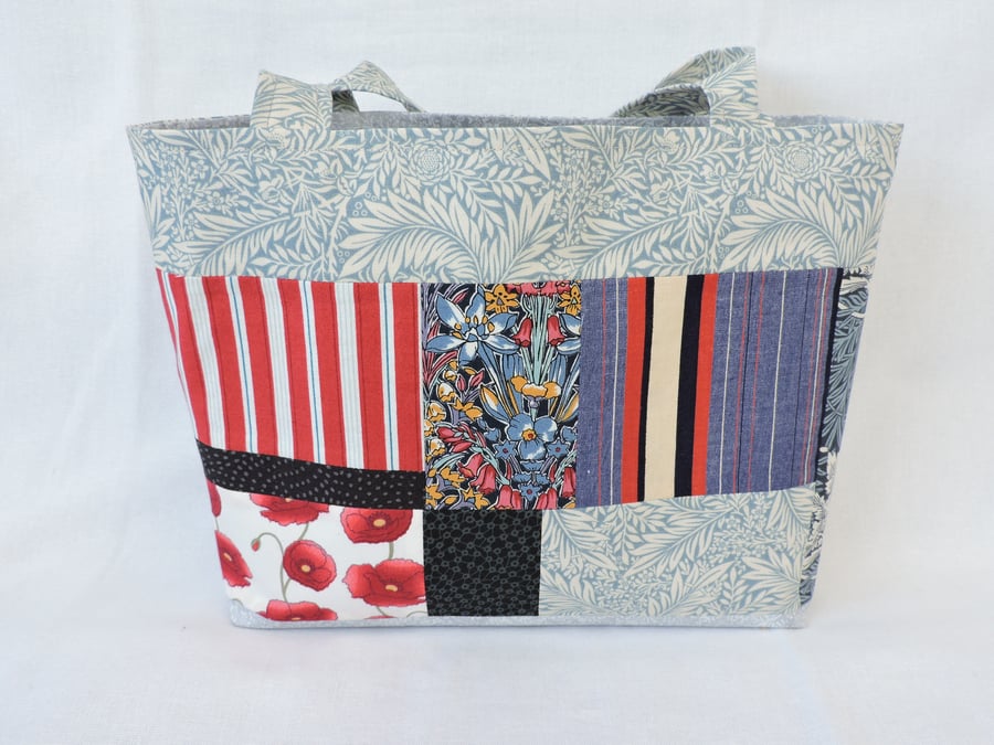 Tote Bag  Blue White Red and Black Patchwork