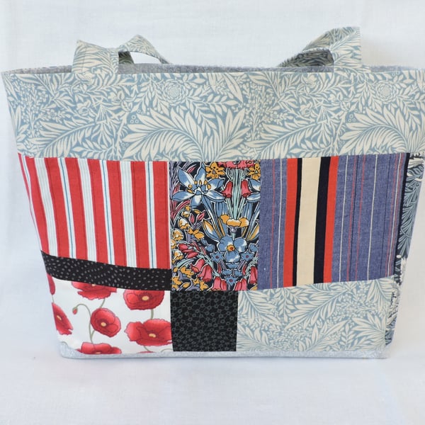Tote Bag  Blue White Red and Black Patchwork