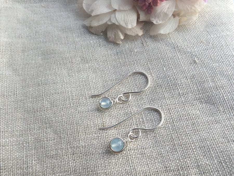 AQUAMARINE Dainty Wire Wrapped Earrings Sterling Silver March Birthstone