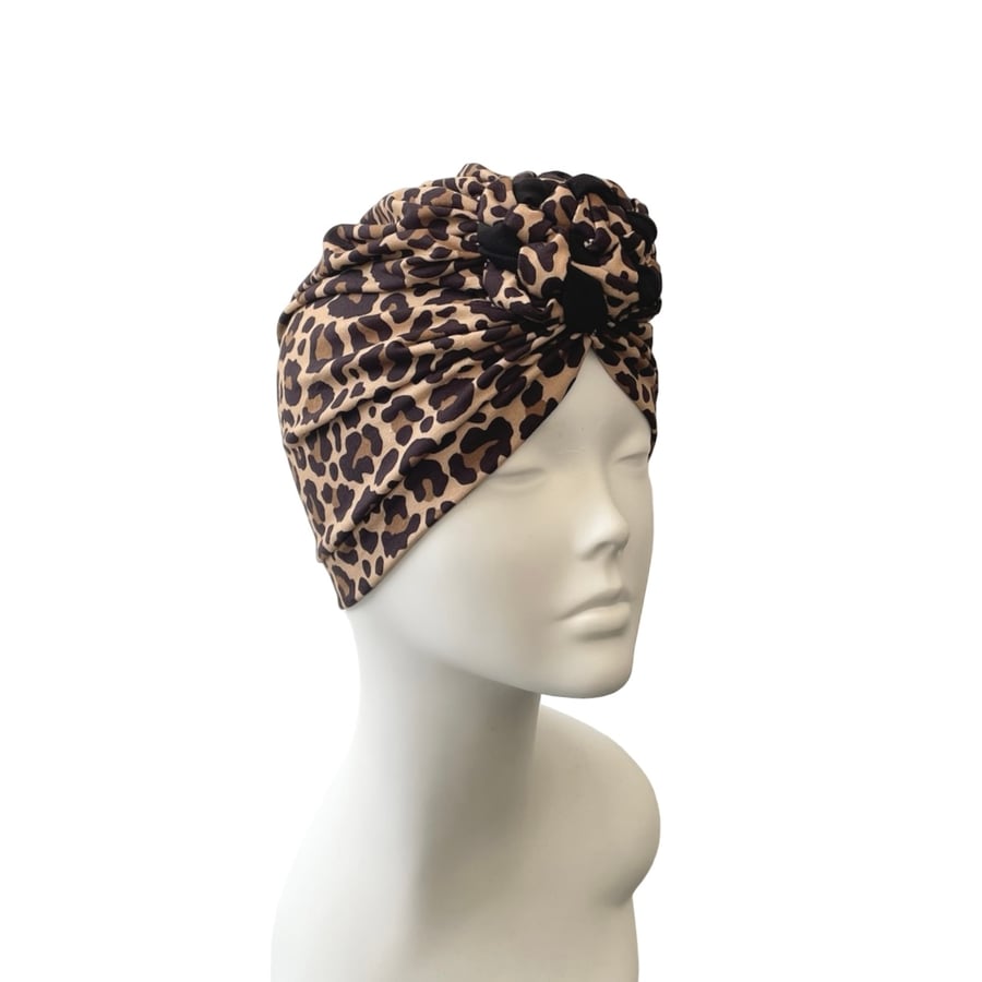 Leopard retro braided knot turban hat for women Handmade hair loss headwear 