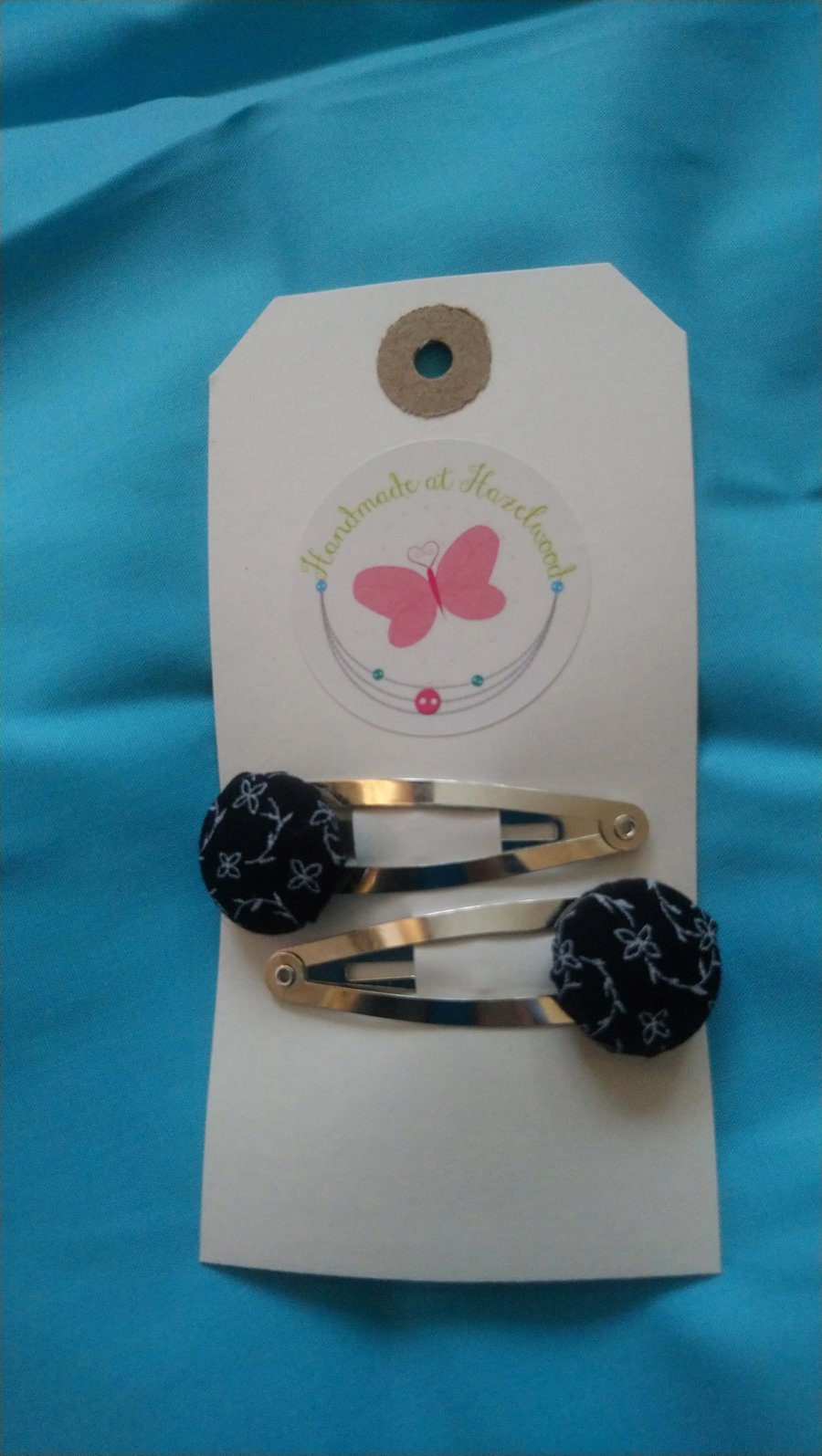 Black  Floral Design Fabric Covered Button Hair Clips