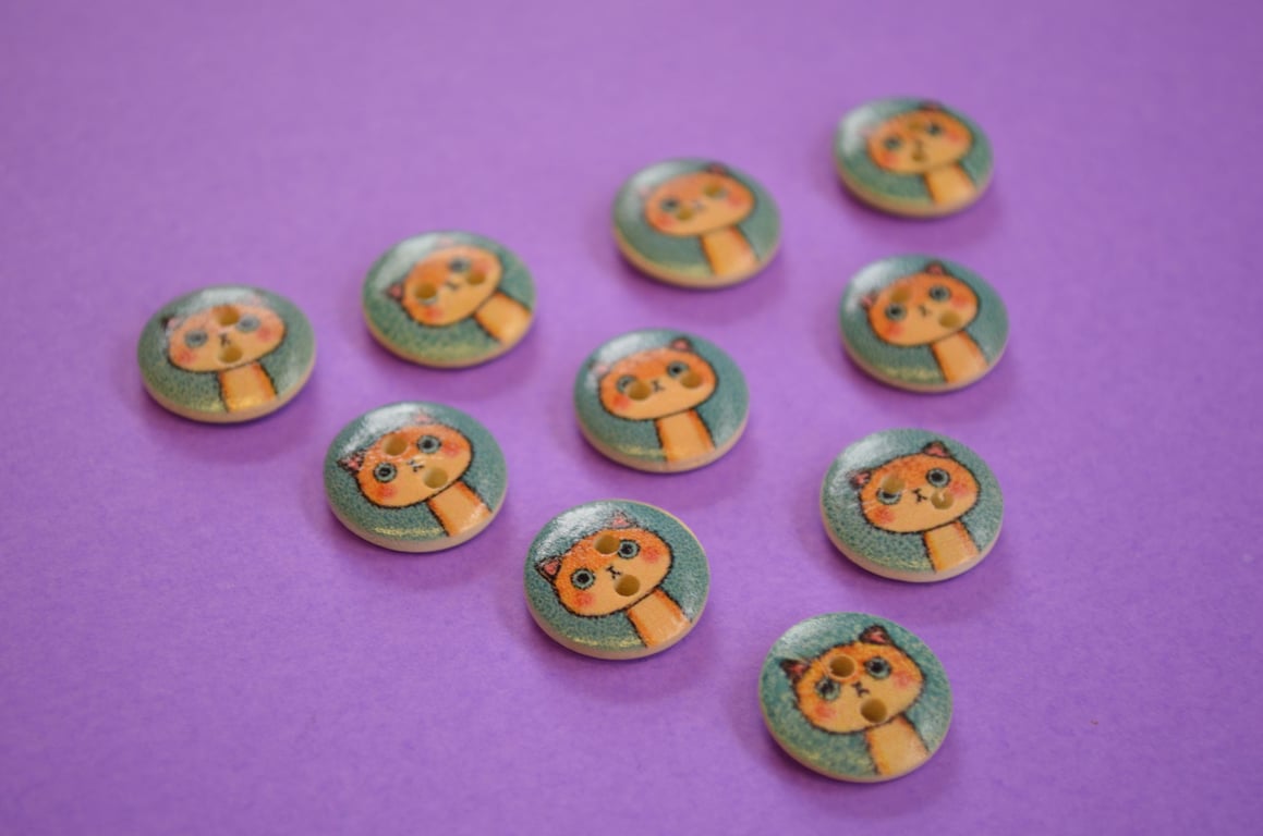 15mm Wooden Ginger Cat Buttons Blue Orange 10pk Pussy Kitten Kitty (SCT8)