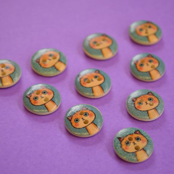 15mm Wooden Ginger Cat Buttons Blue Orange 10pk Pussy Kitten Kitty (SCT8)