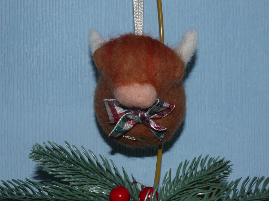 Needle felted Highland cow christmas tree ornament