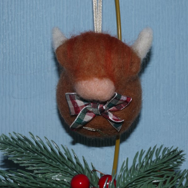 Needle felted Highland cow christmas tree ornament