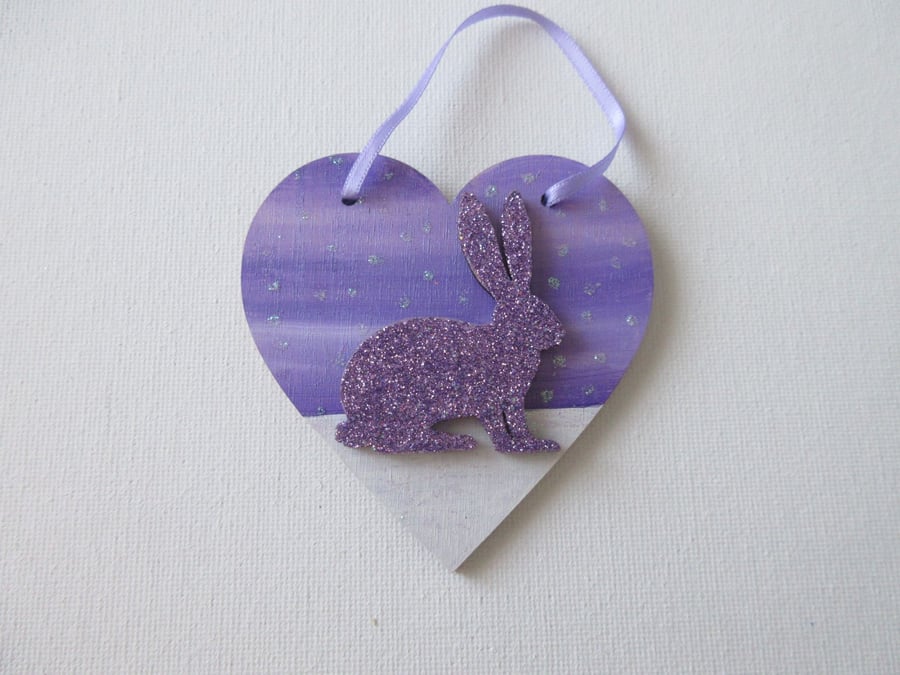 Bunny Rabbit Love Heart Hanging Decoration Purple White Wood Wooden Glittery 