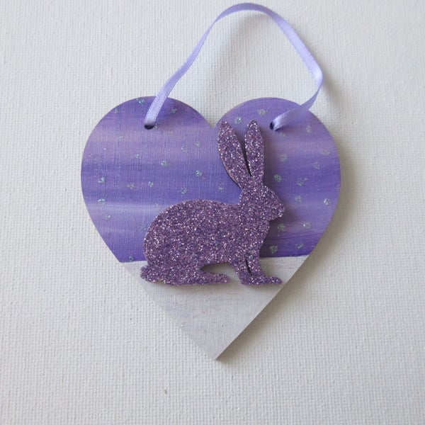 Bunny Rabbit Love Heart Hanging Decoration Purple White Wood Wooden Glittery 