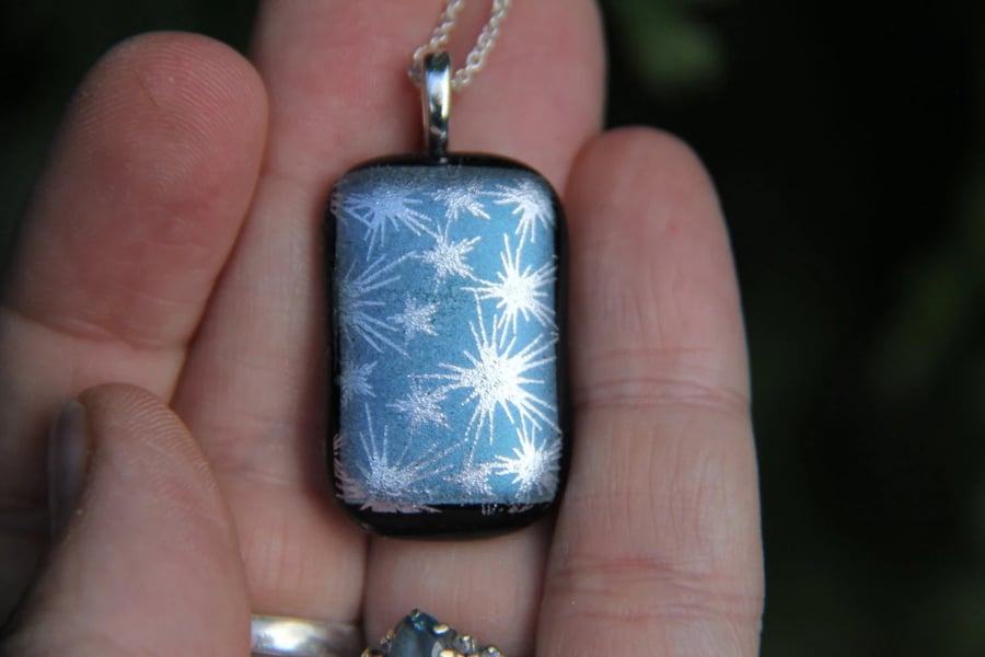 Silver Stars Dichroic Pendant Blue Necklace, Shimmer Fused Glass Mica F39