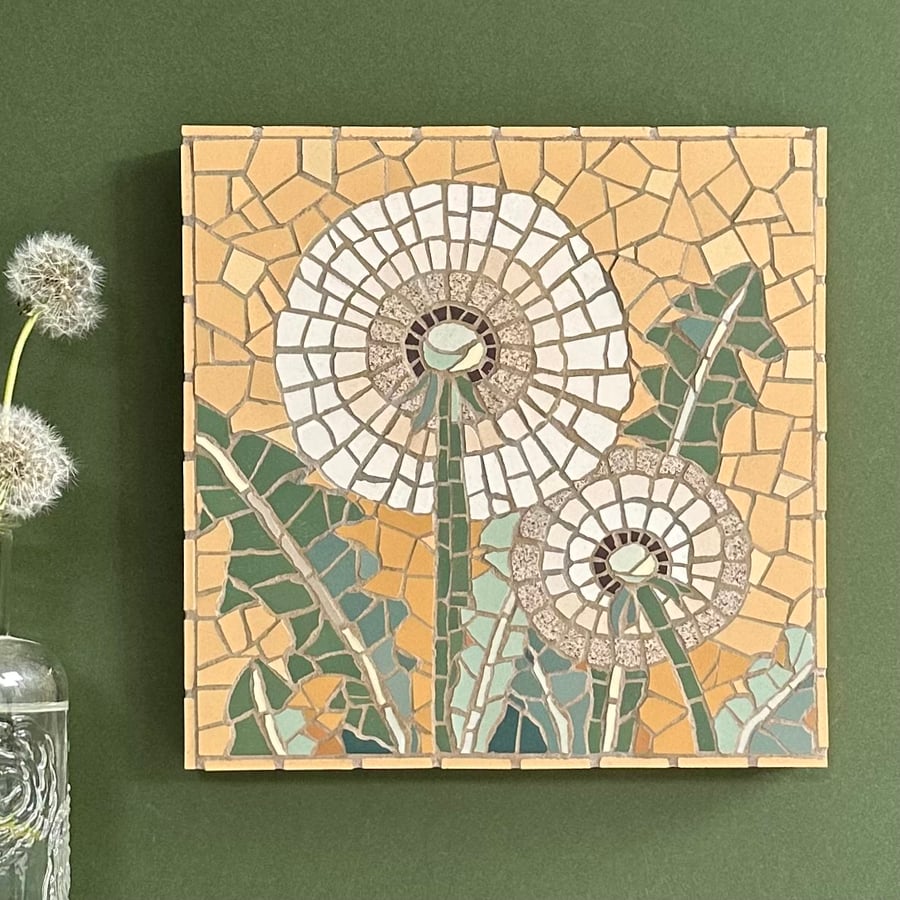 Original Floral Art - Dandelion Mosaic Plaque in Yellow