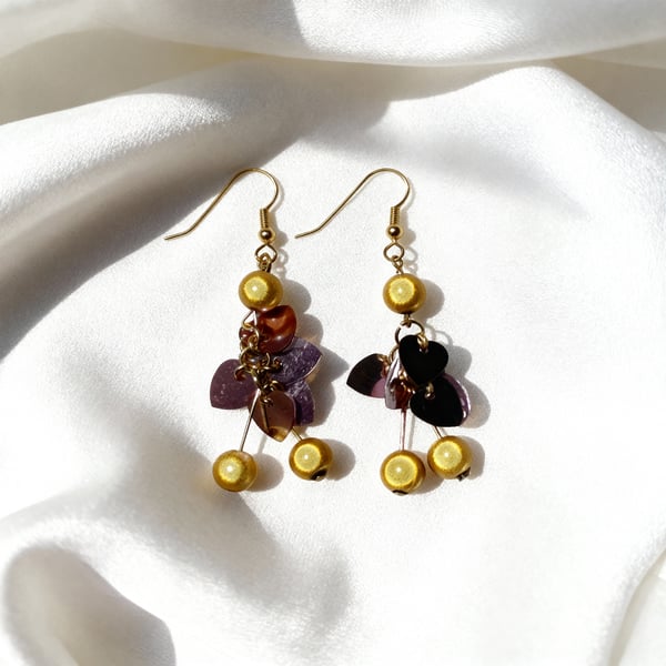 Golden Angel Dangle Earrings with Pink Sequins 