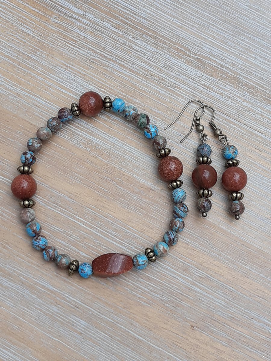 Jasper and goldstone bracelet and earring set