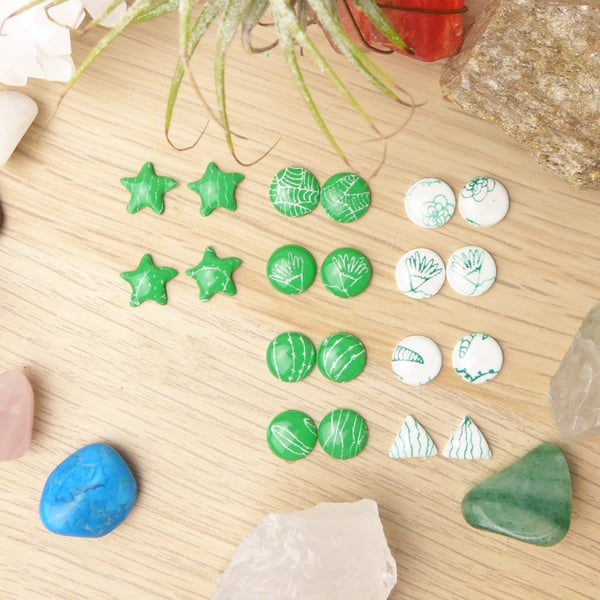 Green and White Screen Printed Studs, Cactus and Succulent Polymer Clay Earrings