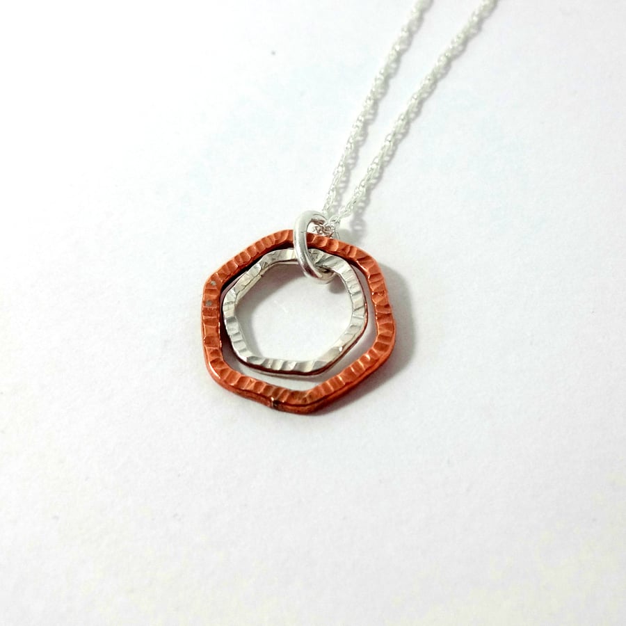 Modern Dainty Mixed Metal Hexagon Necklace In Sterling Silver and Copper