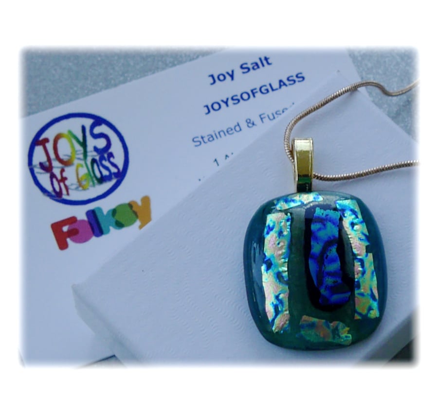 Dichroic Glass Pendant 110 Aqua multi shimmer Handmade with gold plated chain