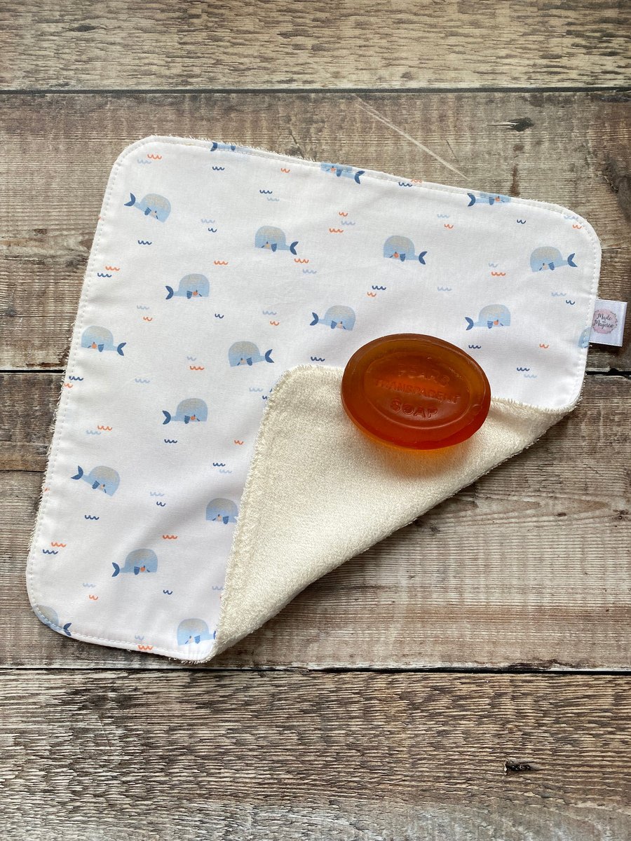 Organic Bamboo Cotton Wash Face Wipe Cloth Flannel White Blue Whale